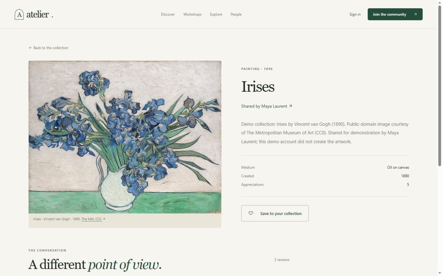 Atelier artwork detail page for Irises with artist credits and appreciation count