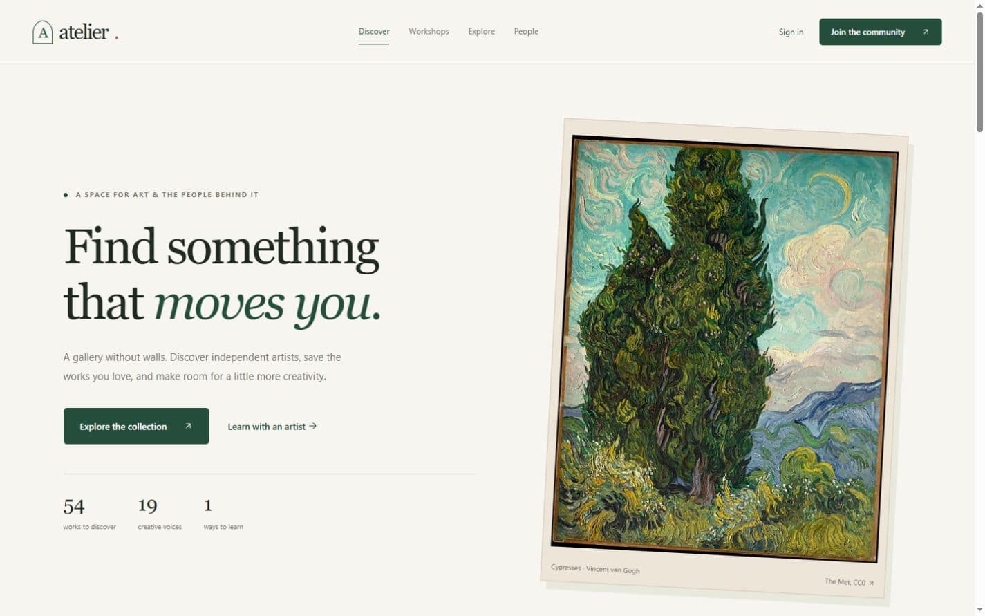 Atelier discovery page with artwork and collection search