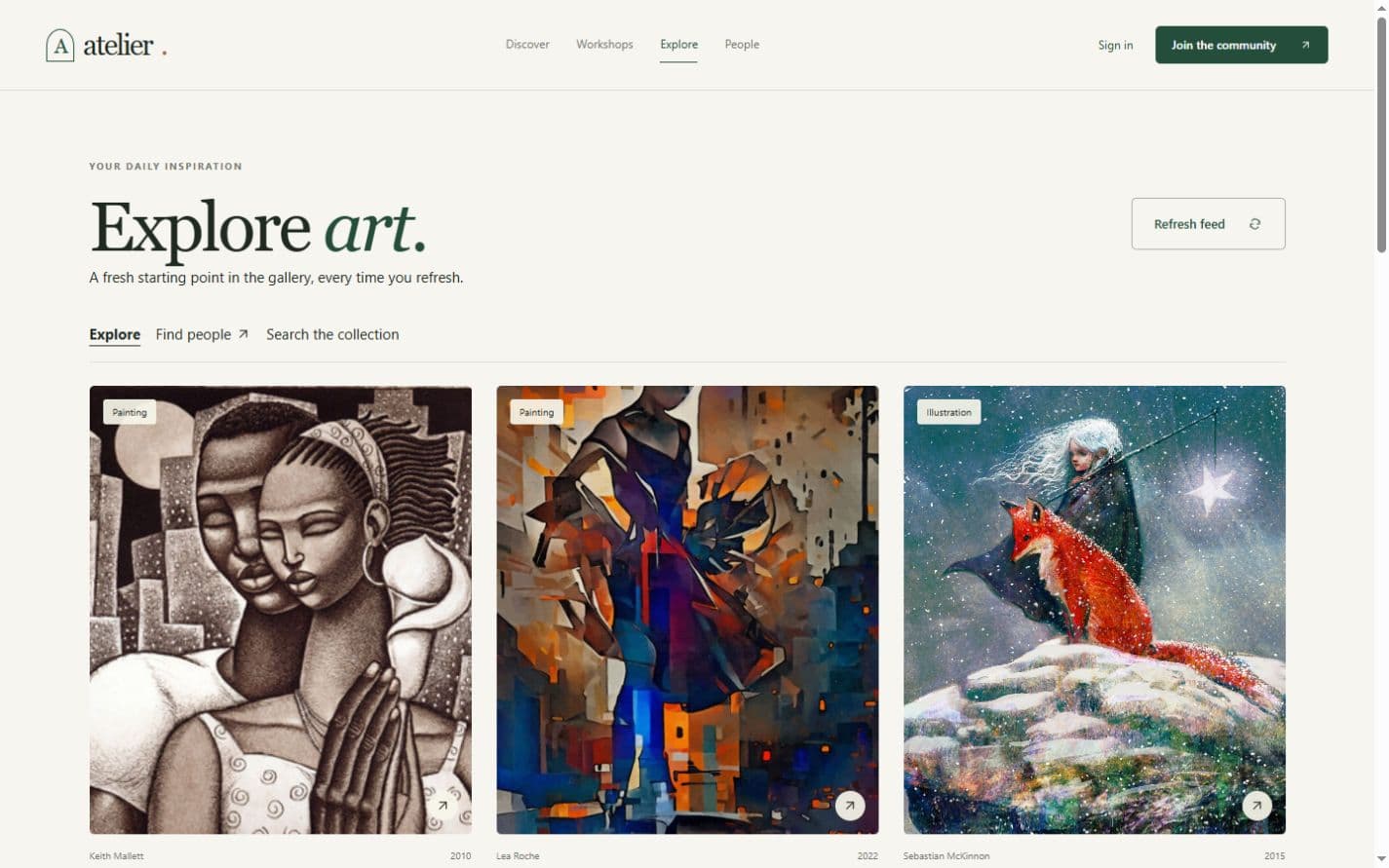 Atelier Explore feed showing artwork shared by the community