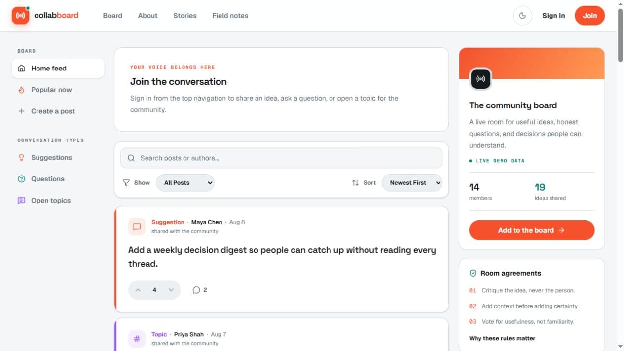 Collab Board dashboard showing community posts, voting controls, filters, and comment buttons