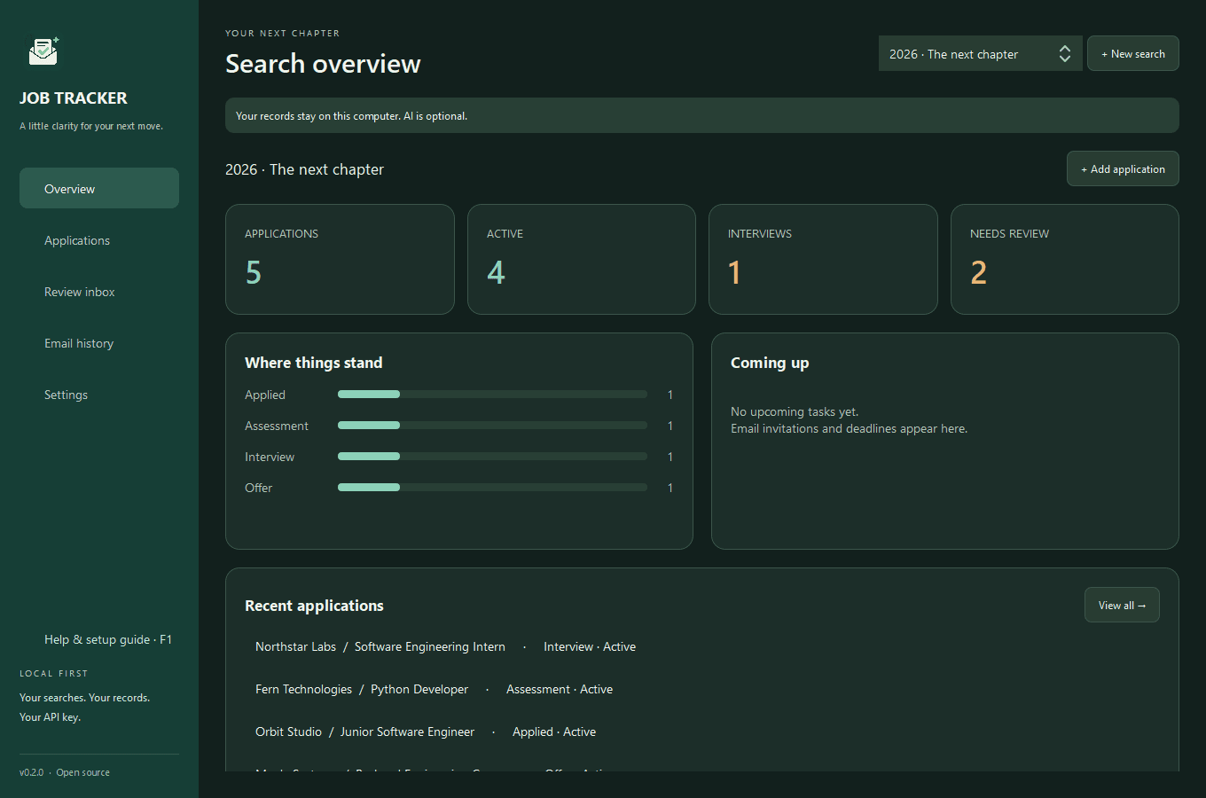 Job Tracker AI dark dashboard showing fictional applications, interview counts, and hiring stages