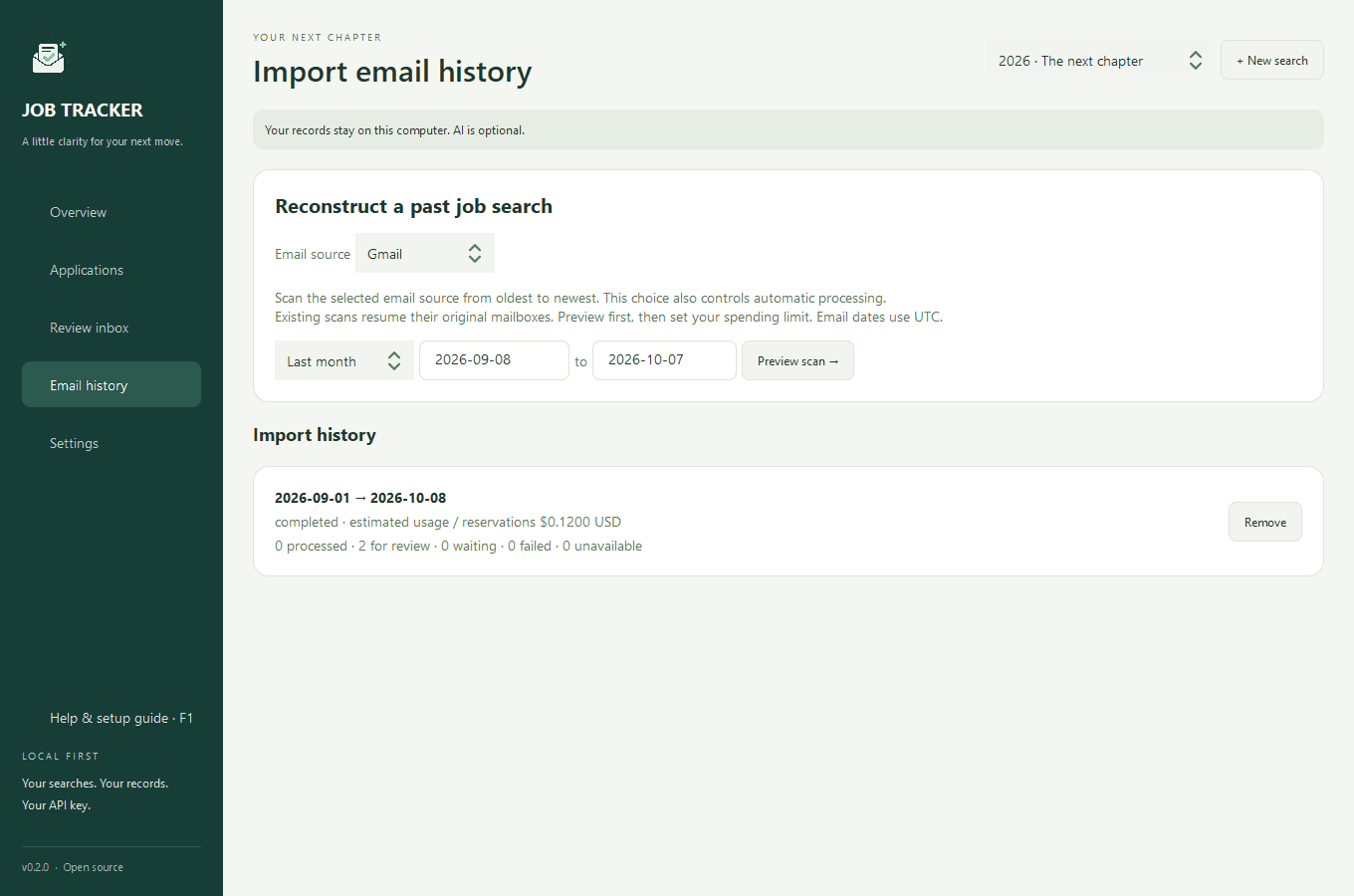 Job Tracker AI historical email import page with a date range and persisted import history