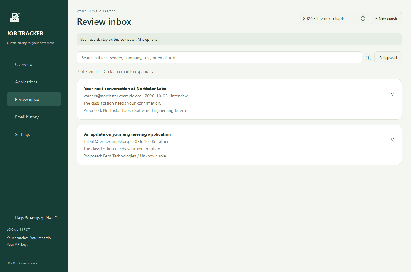 Job Tracker AI review inbox showing uncertain email classifications that need human confirmation