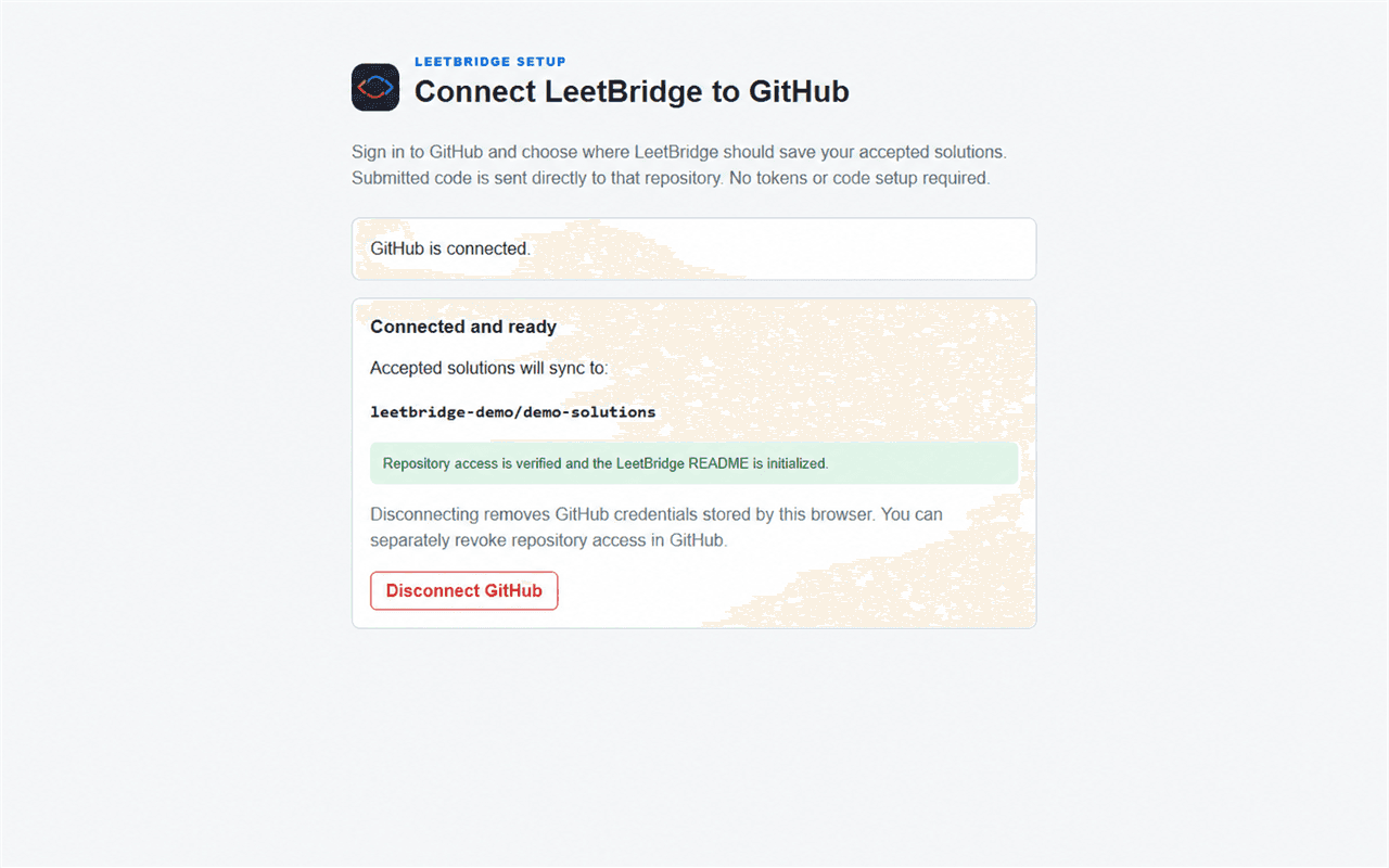 LeetBridge Chrome listing screenshot showing completed GitHub repository onboarding