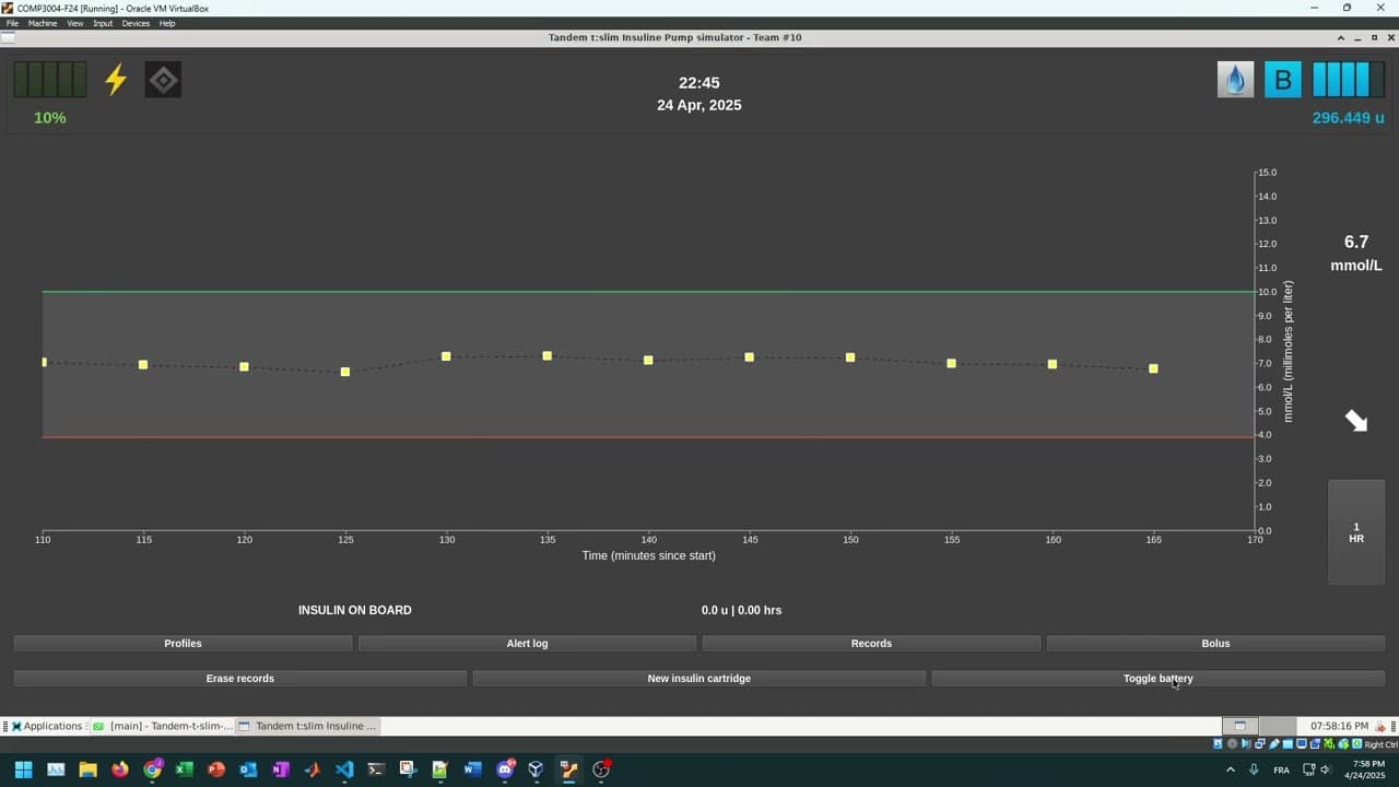 Educational insulin pump simulator dashboard showing the low battery scenario