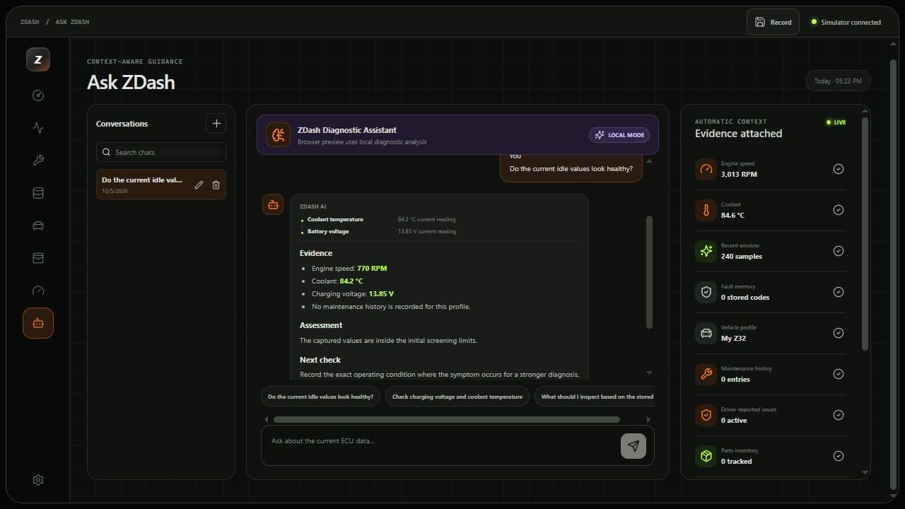 ZDash AI chatbot with vehicle context and a sample diagnostic conversation